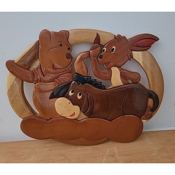 RARE Disney Winnie the Pooh, Eeyore, Rabbit Carved Wood Folk Wall Art - Picture 1 of 9